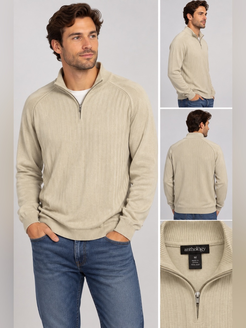 Anthology Men’s Silk Beige Half-Zip Sweater M